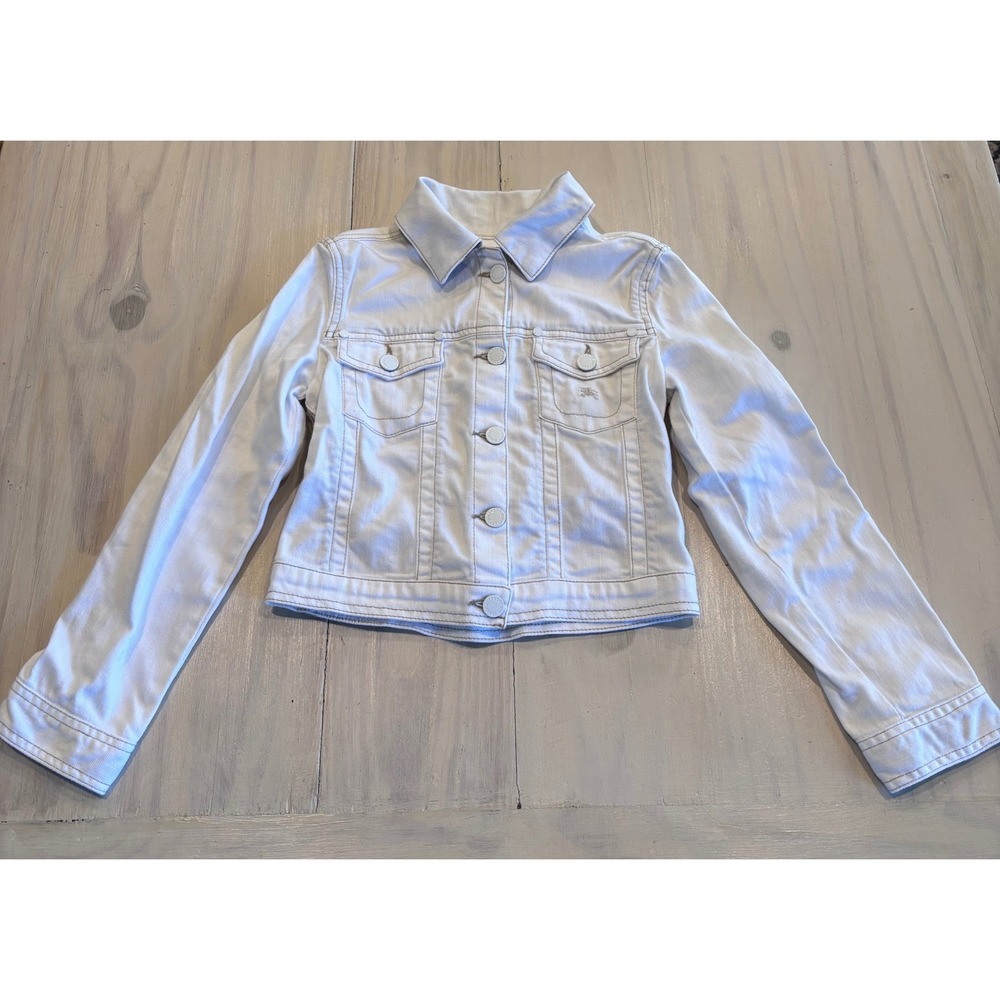 Burberry Kids White Denim Trucker Jacket 10Y 140 Classic Designer Logo Preppy